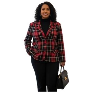 StudioPlus Tartan Plaid Button-Up Blazer Red Black White Wool Blend